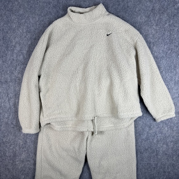 Nike Pants - Nike Sweatshirt Pant Set Womens XL Beige Fleece Sherpa Mock Neck DD6487 Cozy